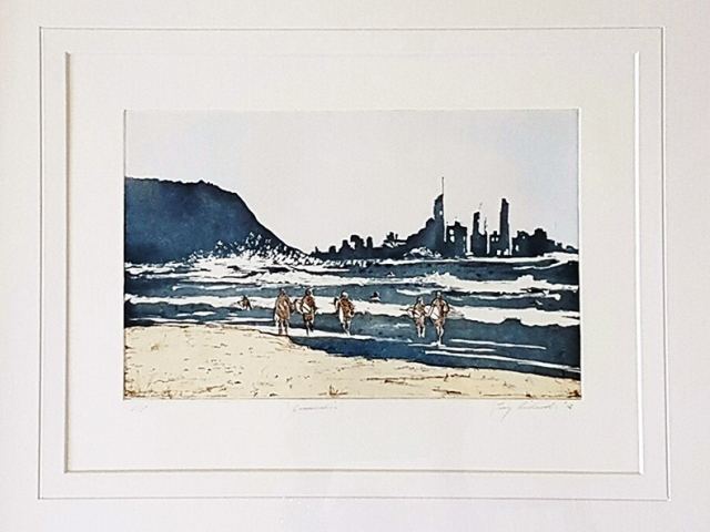 Print of people on beach in water
