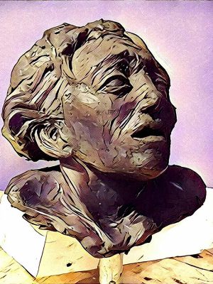 Mixed media digital print of face sculpture