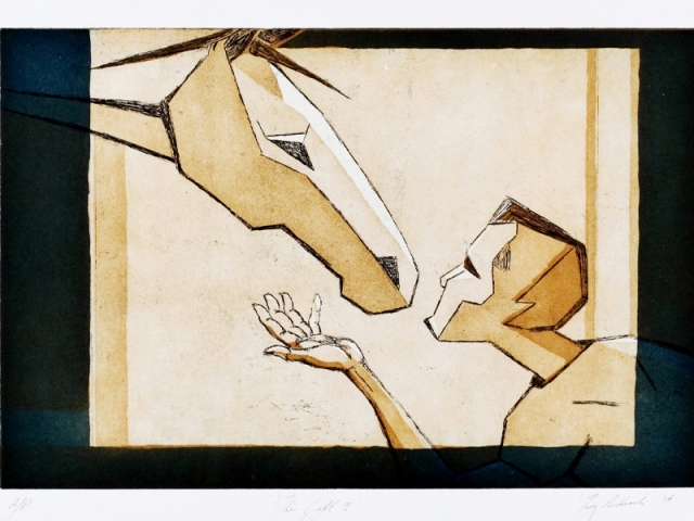 Print of horse and human