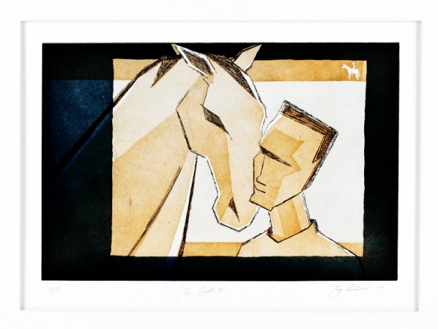 Print of horse and human