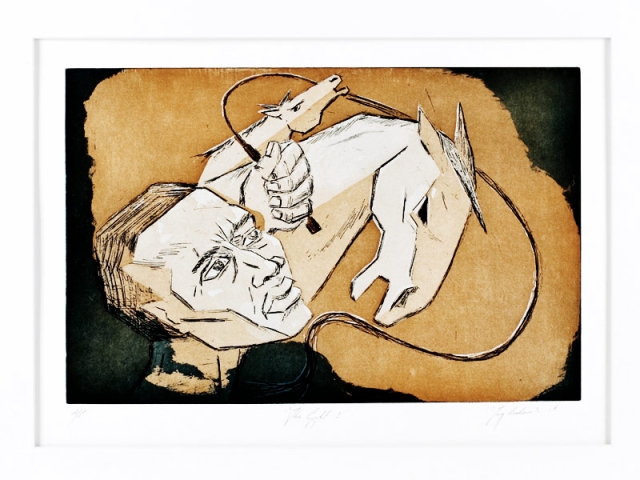 Print of horse and human