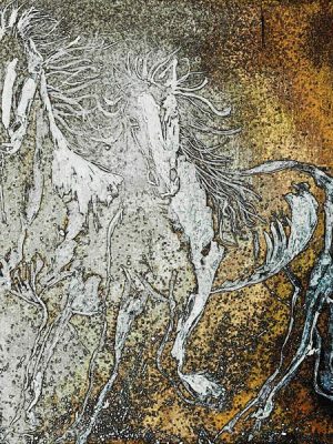 Mixed media print of horses